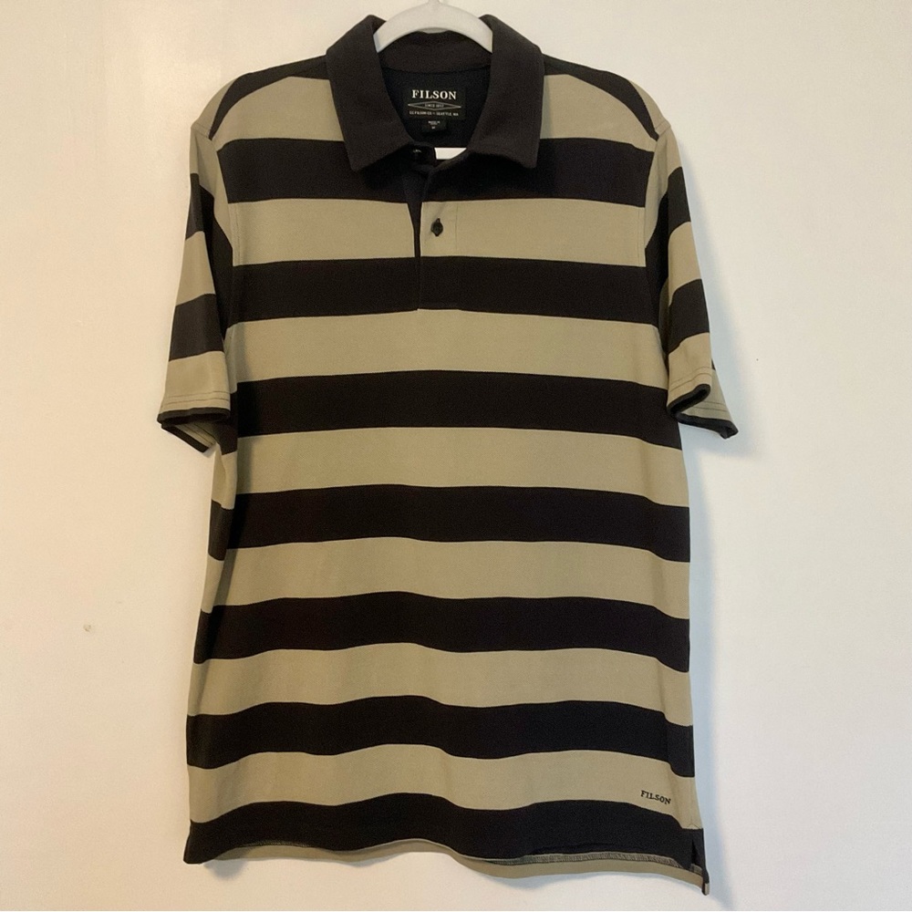 Filson Men’s Striped Polo Shirt Kakai & Faded Blue - Picture 2 of 14